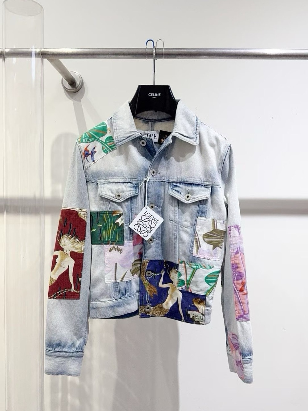 Loewe Light Wash Denim Jacket with Multicolor Patchwork